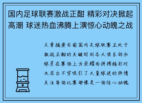 国内足球联赛激战正酣 精彩对决掀起高潮 球迷热血沸腾上演惊心动魄之战