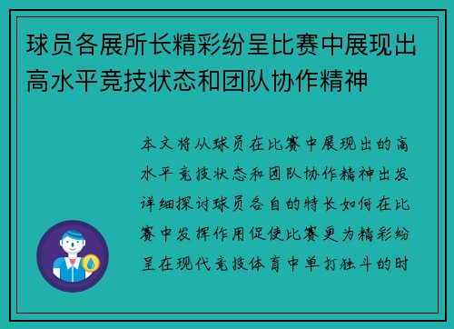 球员各展所长精彩纷呈比赛中展现出高水平竞技状态和团队协作精神